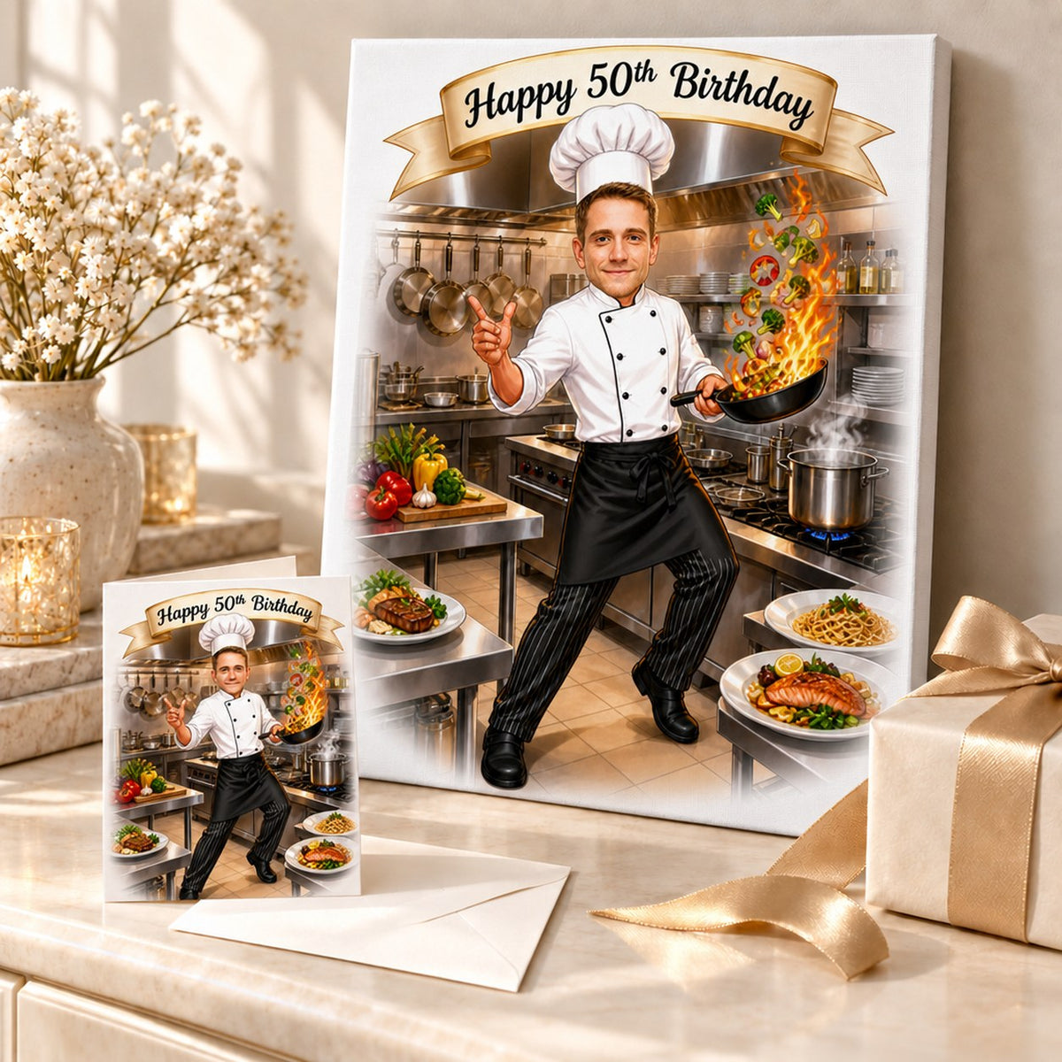 Chef birthday cartoon shown on canvas and 5x7 card in a gift setup.