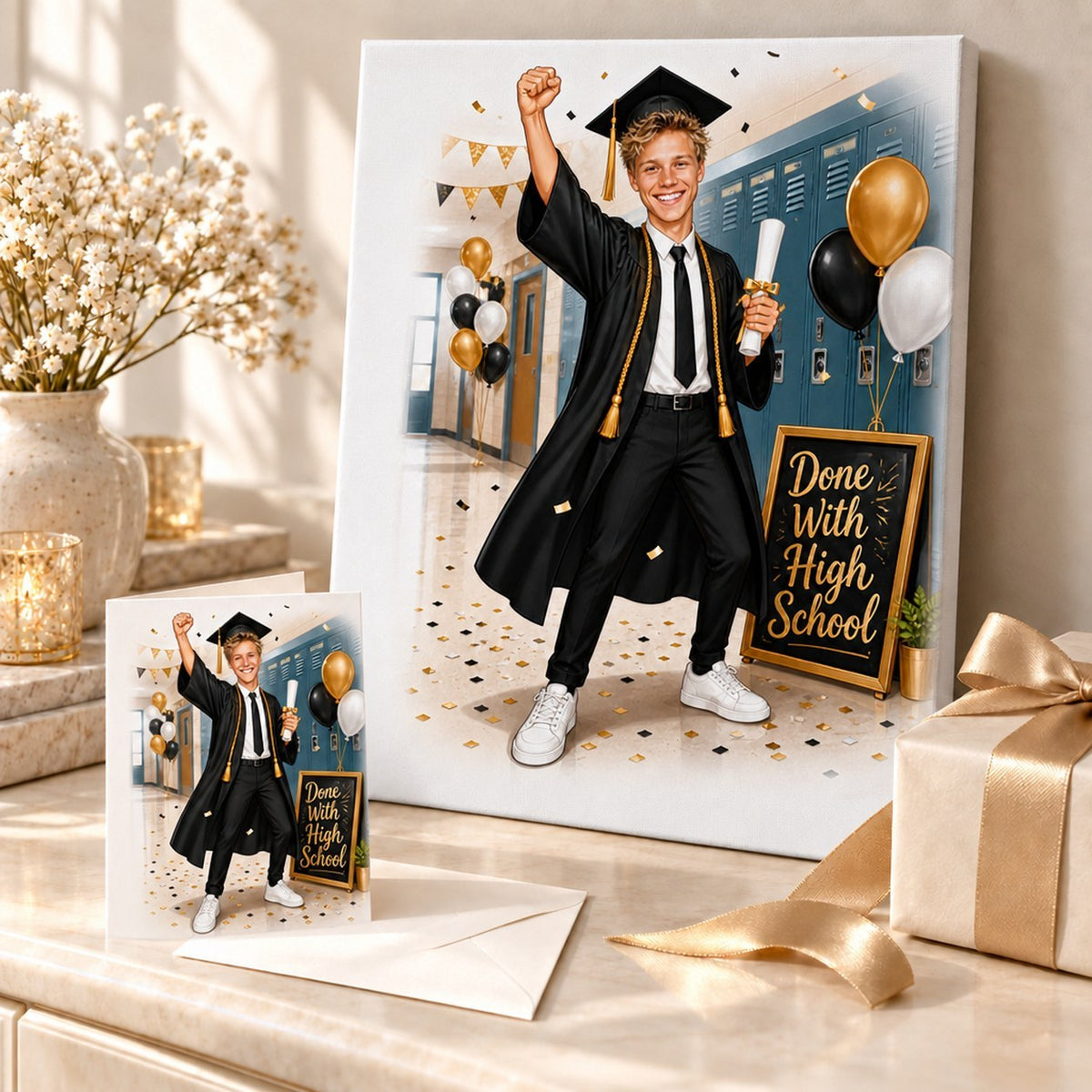Canvas and greeting card featuring custom male graduation caricature with balloons and chalkboard sign