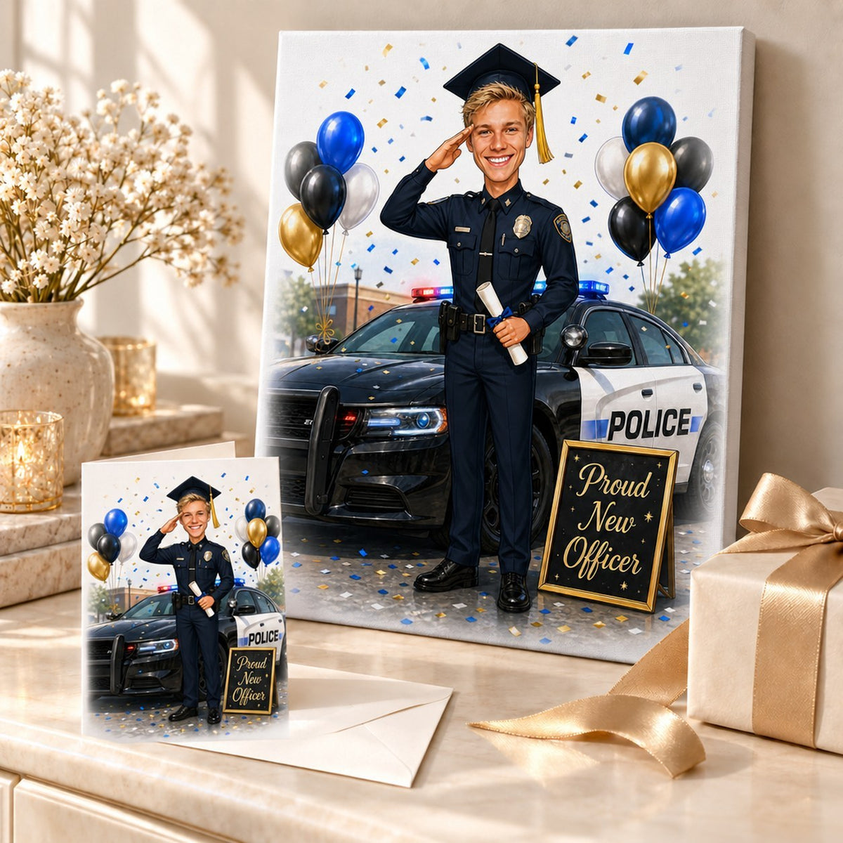 Police graduation caricature on canvas and 5x7 card arranged as a gift with balloons
