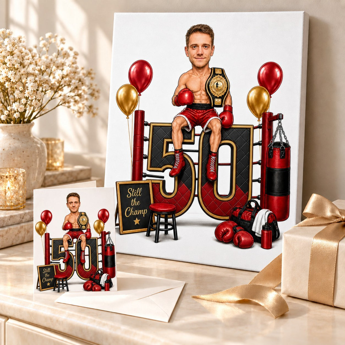 Boxing caricature shown on stretched canvas and 5x7 greeting card in gift scene