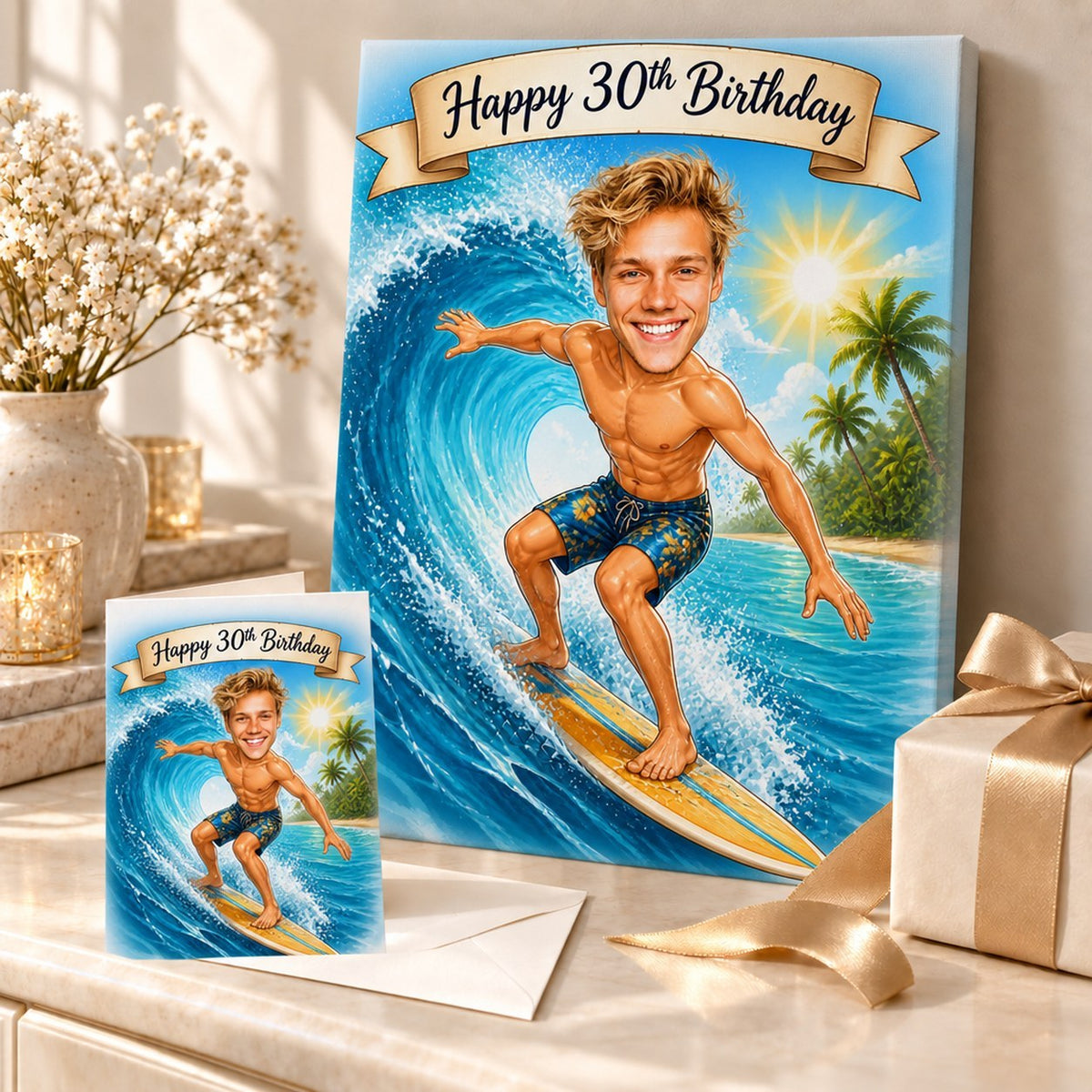Surfer birthday caricature on stretched canvas and 5x7 greeting card in gift scene