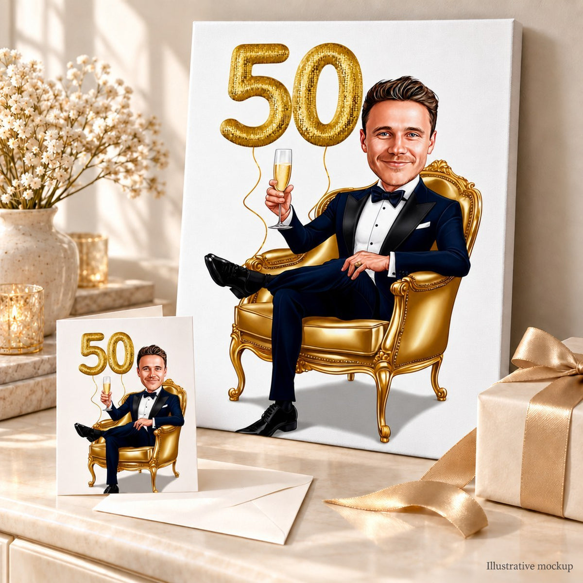 Golden armchair caricature on stretched canvas and 5x7 card beside wrapped birthday gift