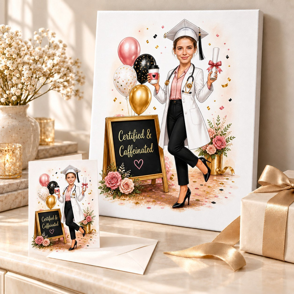 PA graduation caricature printed on canvas and greeting card beside wrapped gifts.