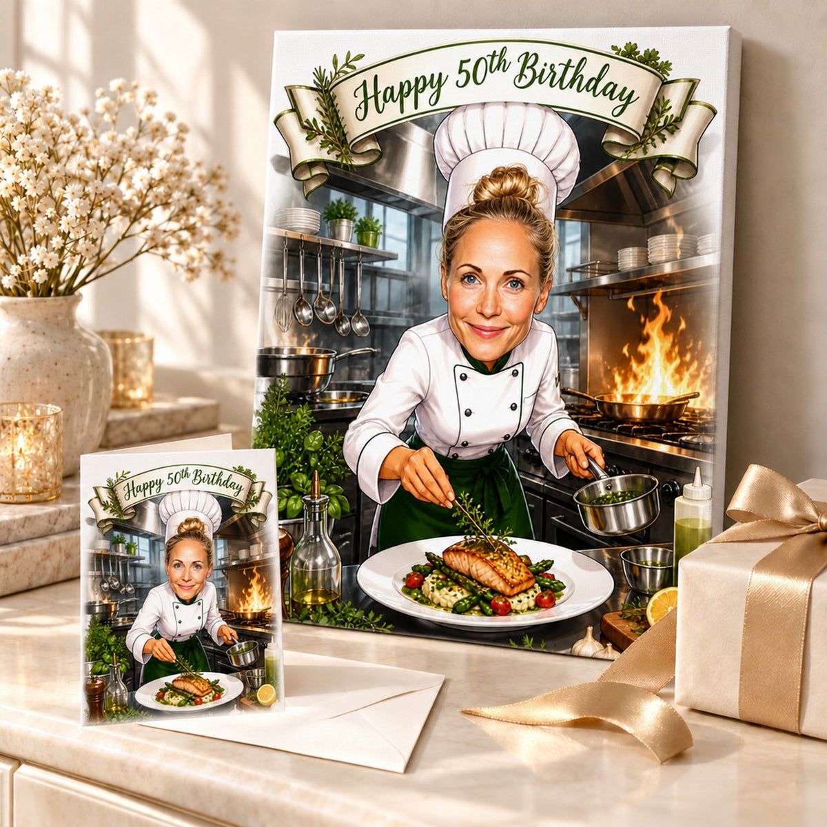 Chef caricature printed on canvas and 5x7 card beside ribbon and gift box