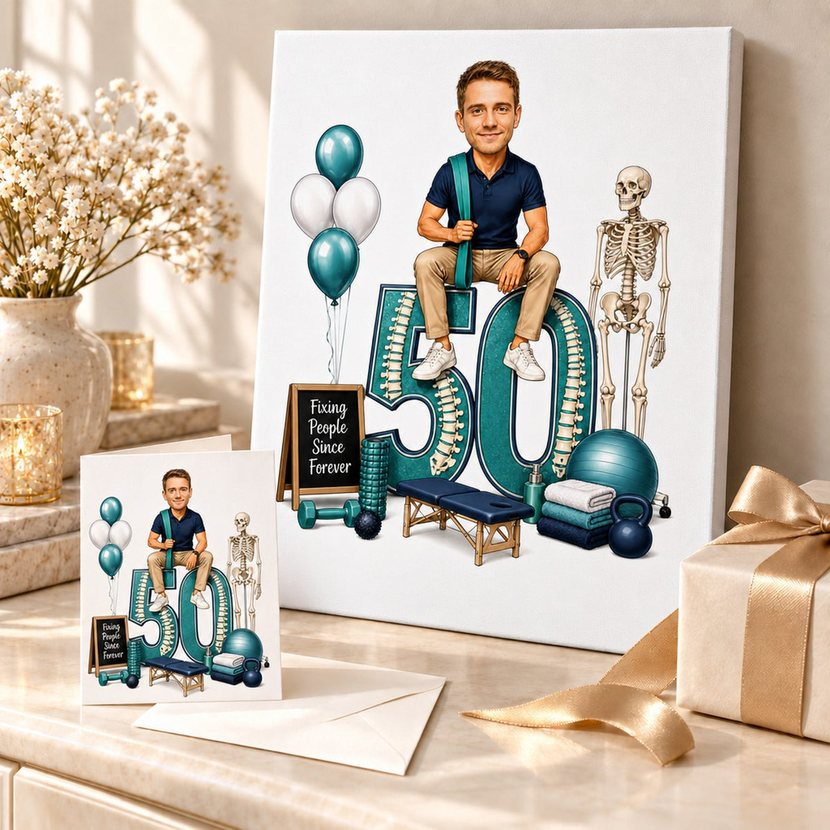 Stretched canvas and 5x7 birthday card shown together as a gift on a table.