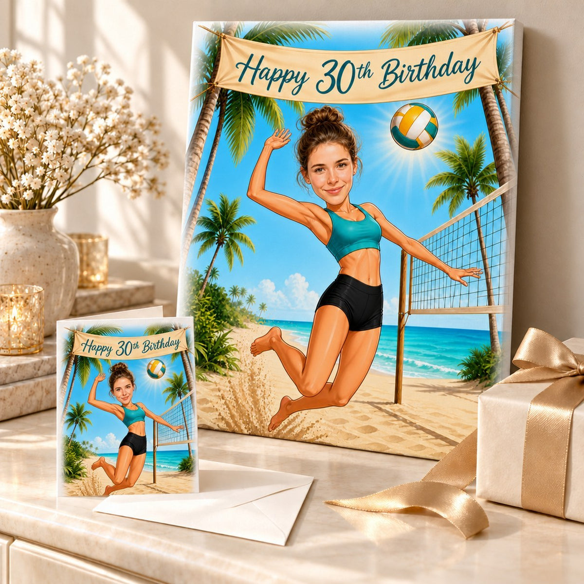 Canvas and greeting card of custom beach volleyball caricature with ribbon and confetti
