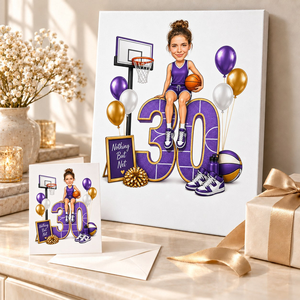 Stretched canvas and greeting card of basketball birthday caricature with purple and gold balloons