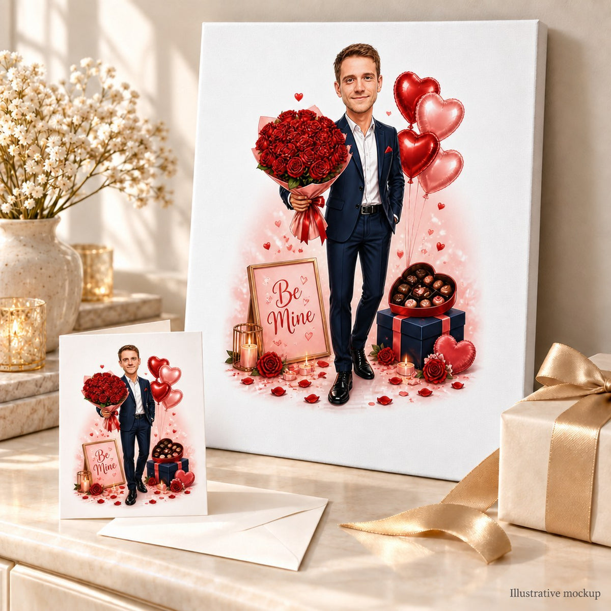 Canvas and greeting card with Valentine caricature displayed with roses and candles.