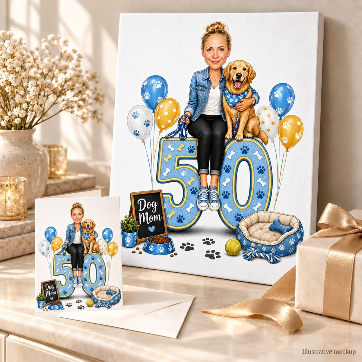 Dog mom birthday cartoon on canvas and card displayed in a gift scene.