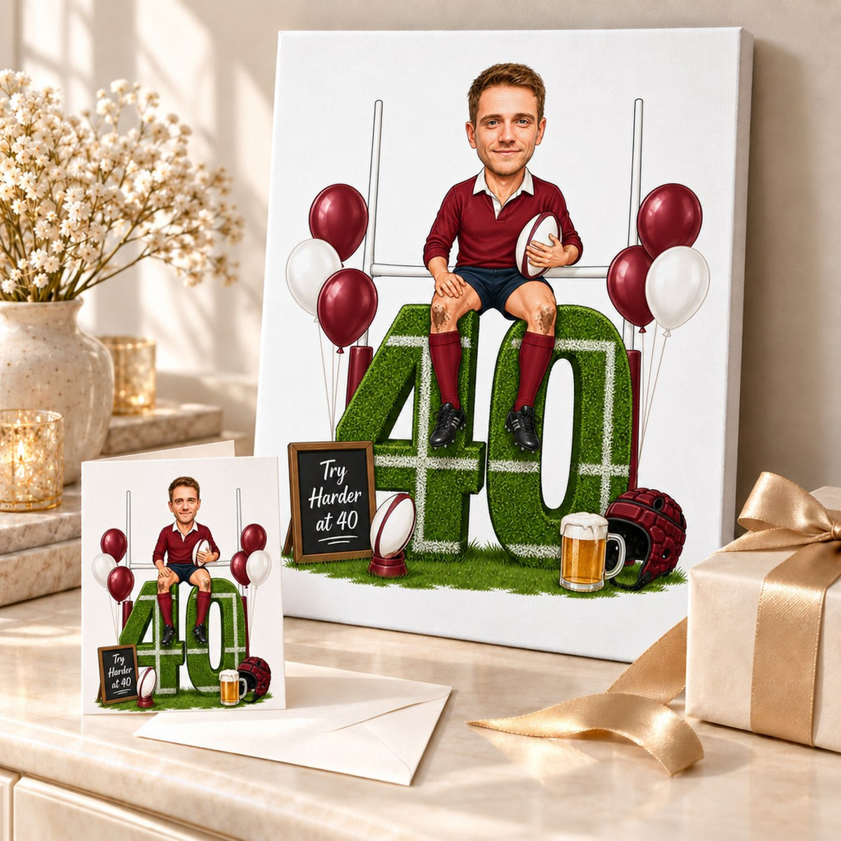Rugby birthday caricature shown on canvas and greeting card with confetti and gift ribbon.