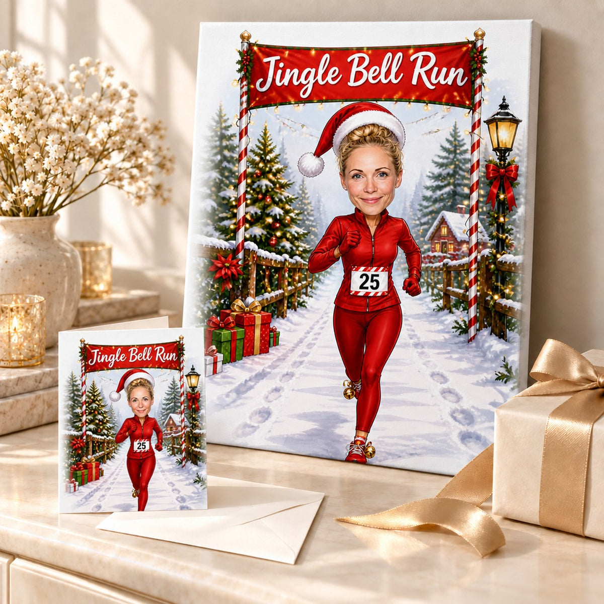 Christmas running caricature printed on canvas and greeting card, styled with ribbon and pine.