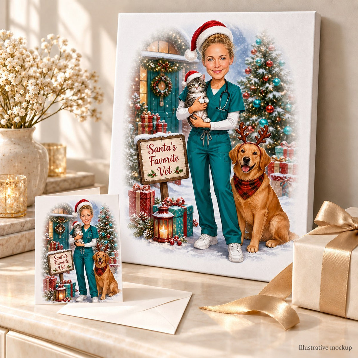 Vet Christmas caricature on canvas and greeting card beside wrapped presents and holiday lights.
