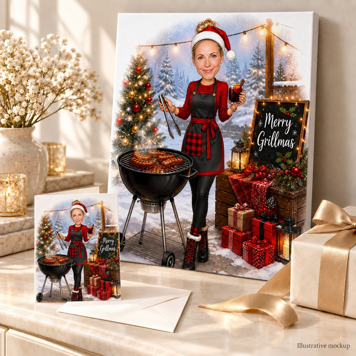 Canvas and greeting card of BBQ Christmas caricature arranged with holiday gift boxes.