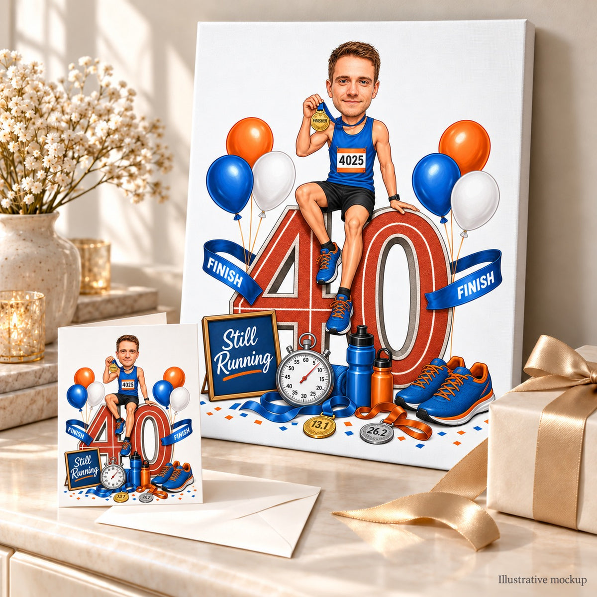 Running birthday caricature on canvas and 5x7 card in a festive gift scene.