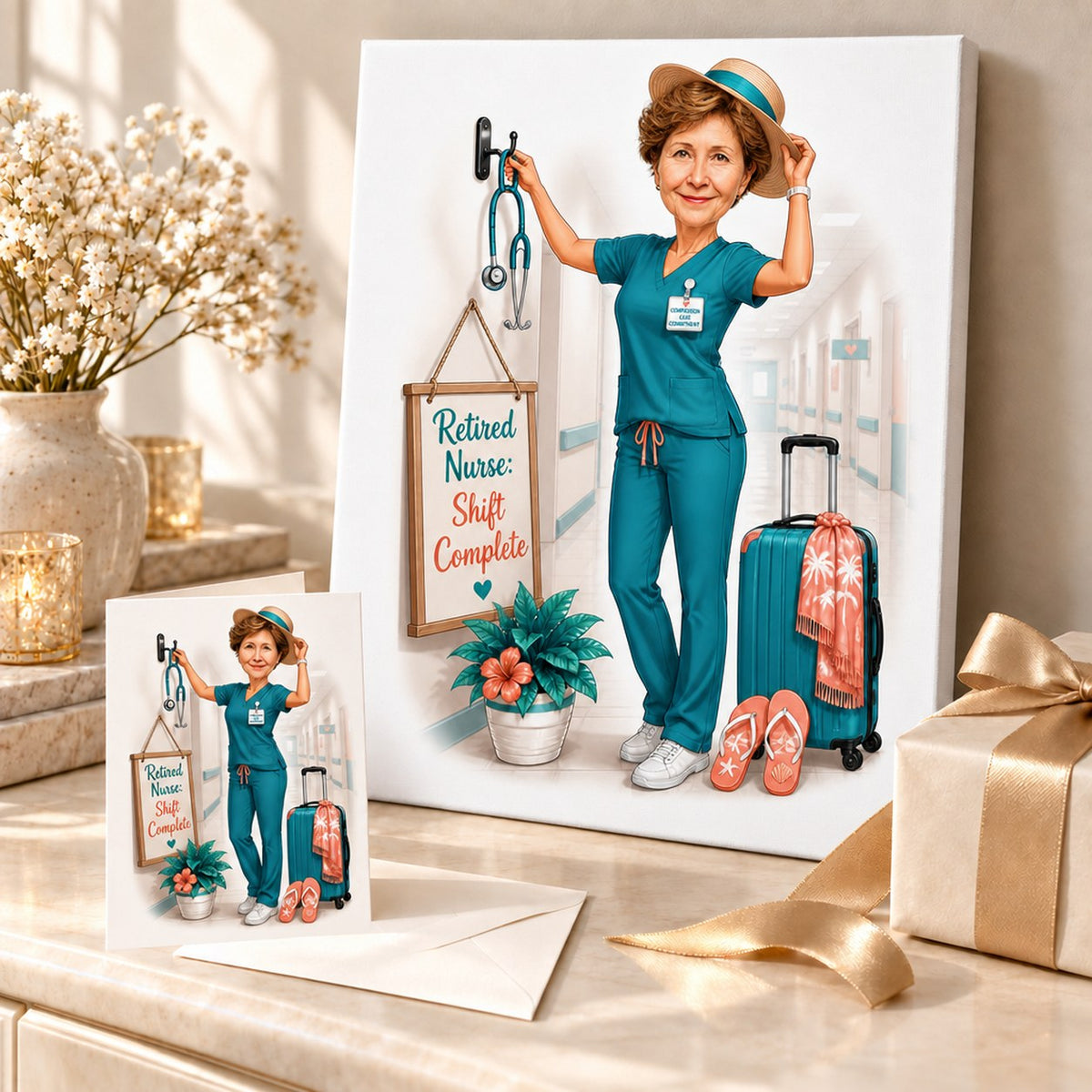 Stretched canvas and 5x7 greeting card of retired nurse design arranged as a gift set.