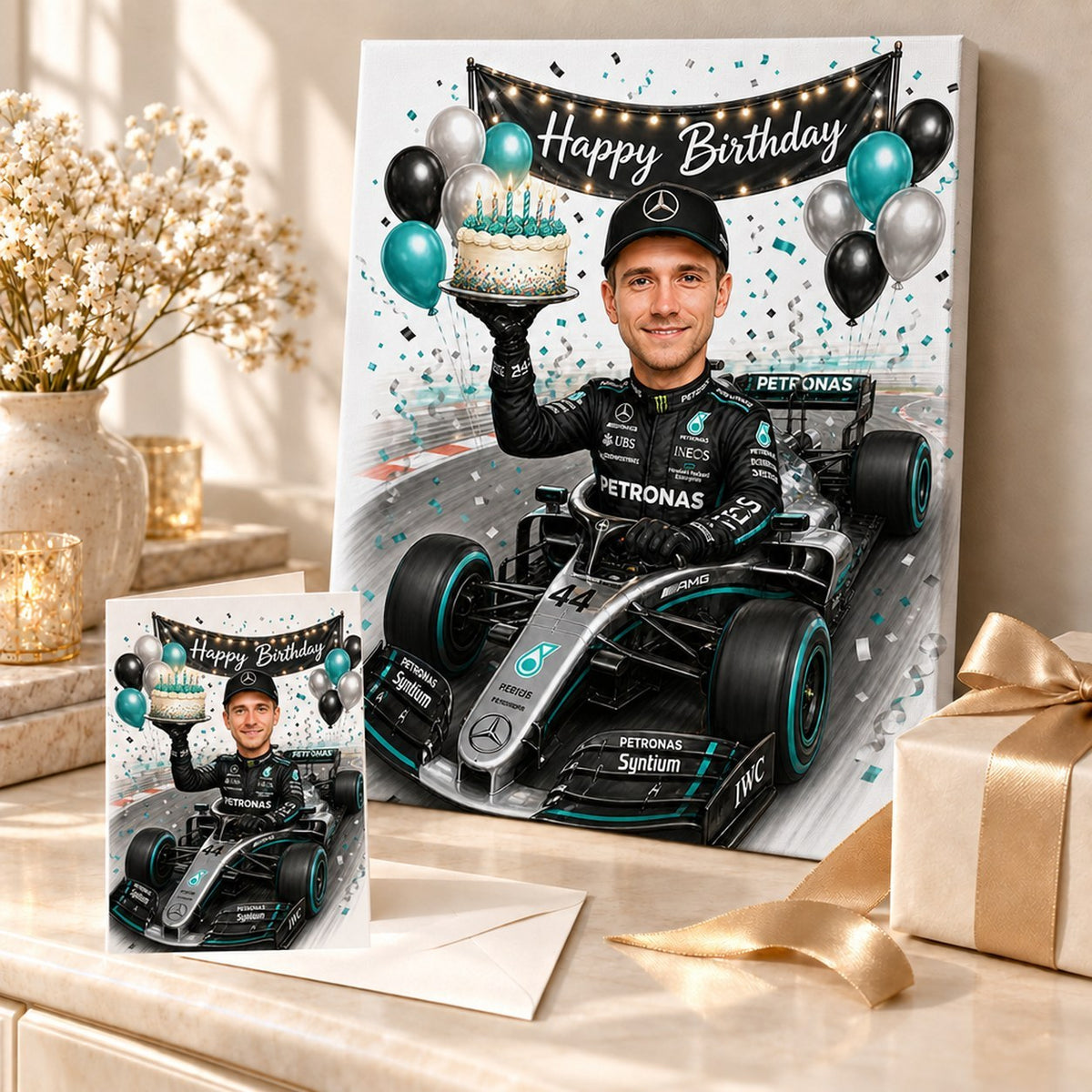 Canvas and greeting card of custom F1 caricature displayed with ribbons, balloons and confetti