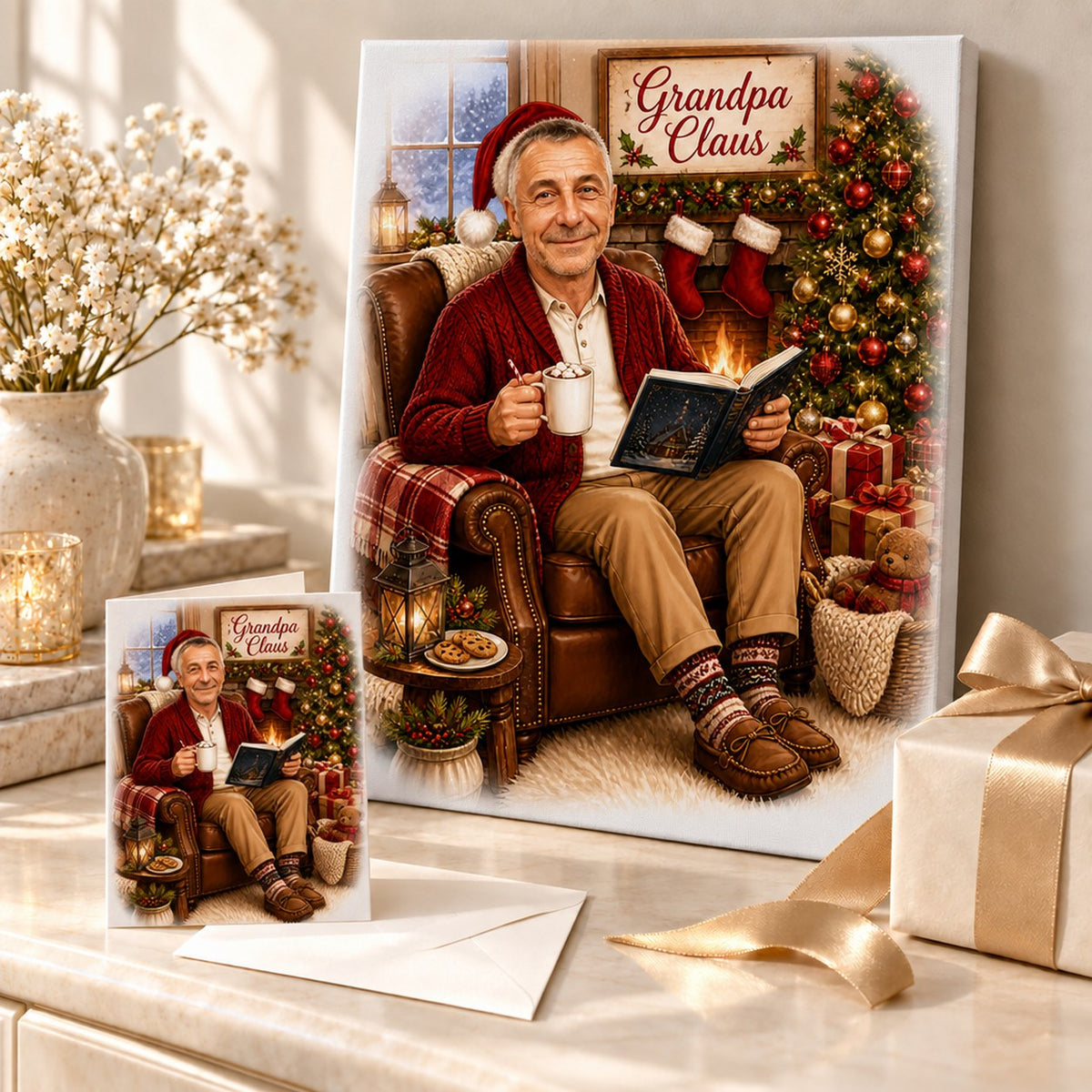 Canvas and greeting card of caricature displayed with wrapped presents and pine garland.