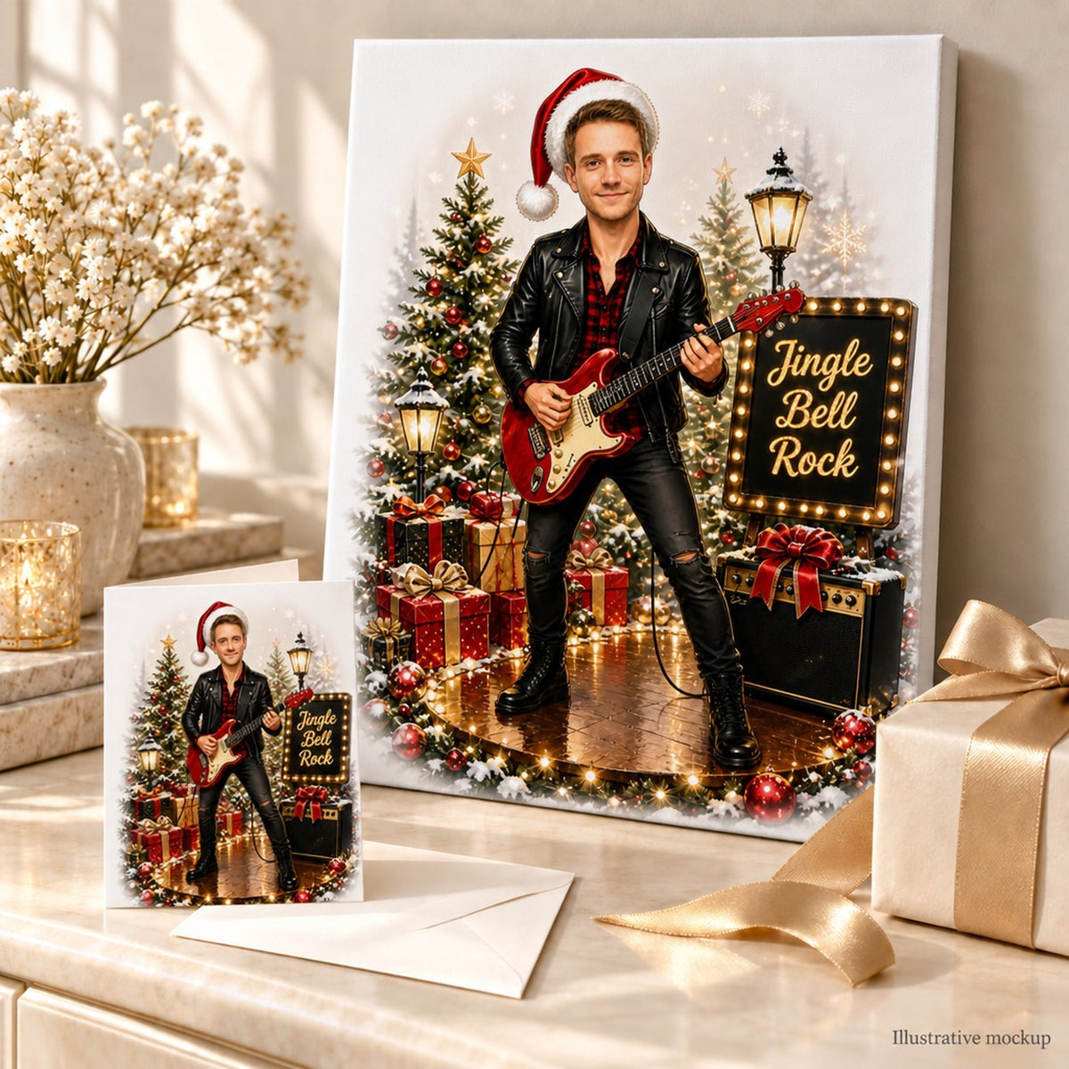 Rock guitarist Christmas caricature printed on canvas and 5x7 card in festive gift scene.