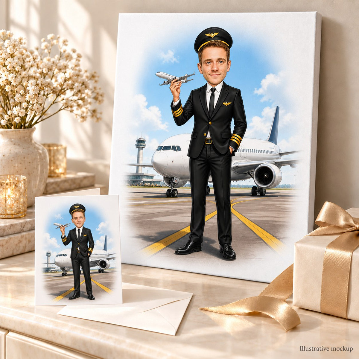 Pilot caricature on canvas and greeting card displayed as a ready-to-give gift.