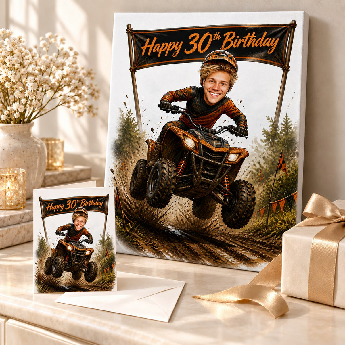 ATV birthday caricature on stretched canvas and 5x7 greeting card, perfect gift for him