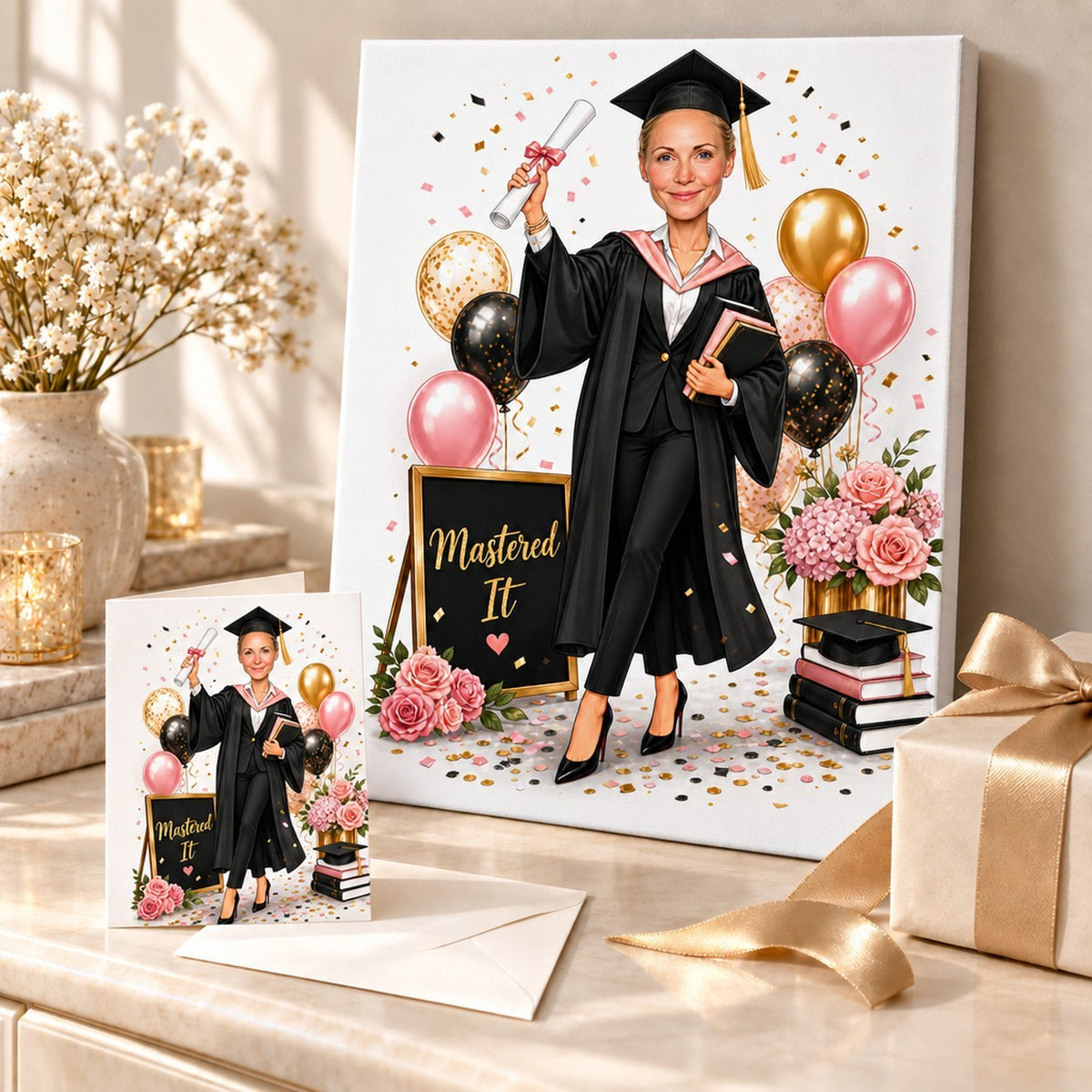 Canvas and greeting card of custom graduation caricature on gift table with balloons.