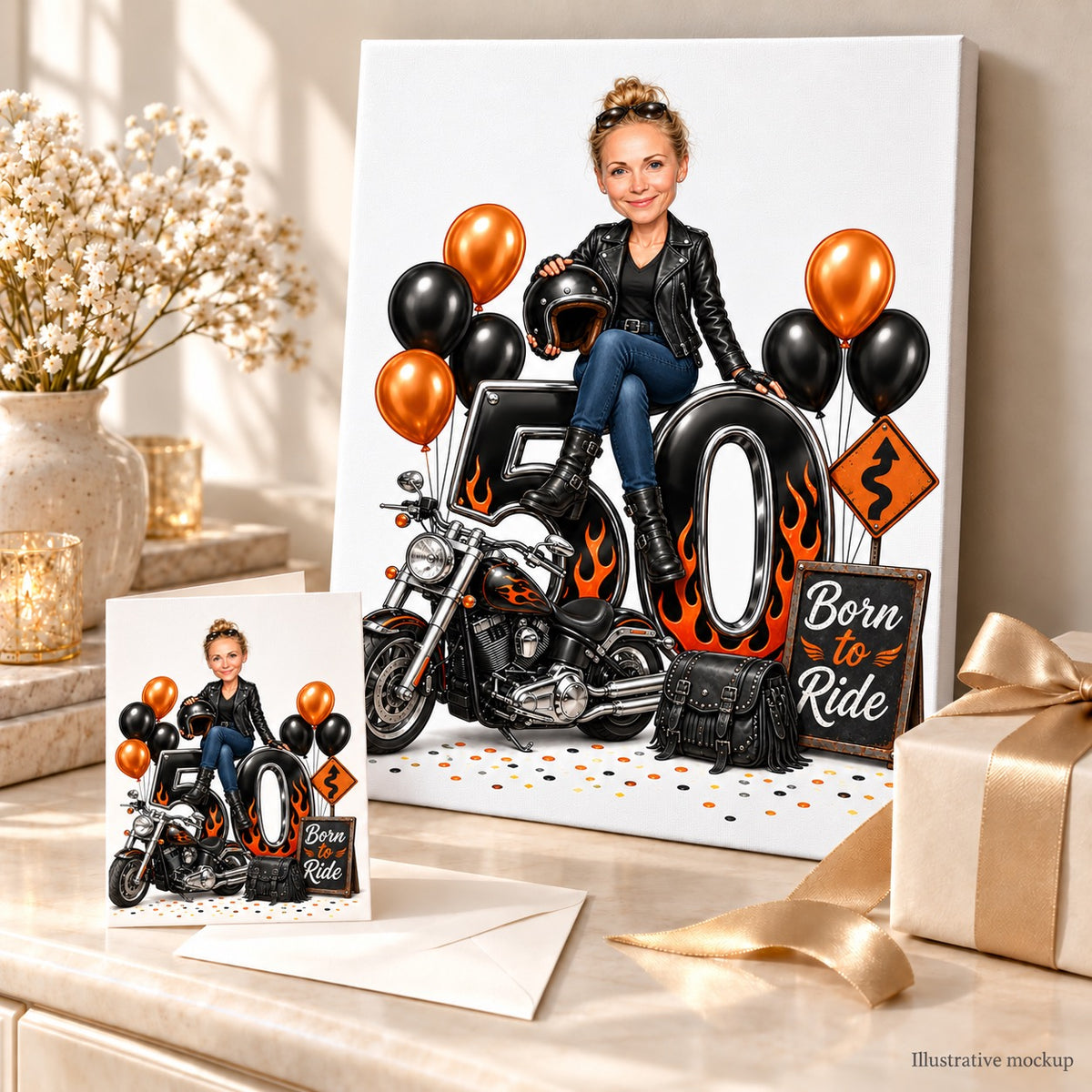 Motorcycle birthday caricature printed on canvas and card arranged as a gift.