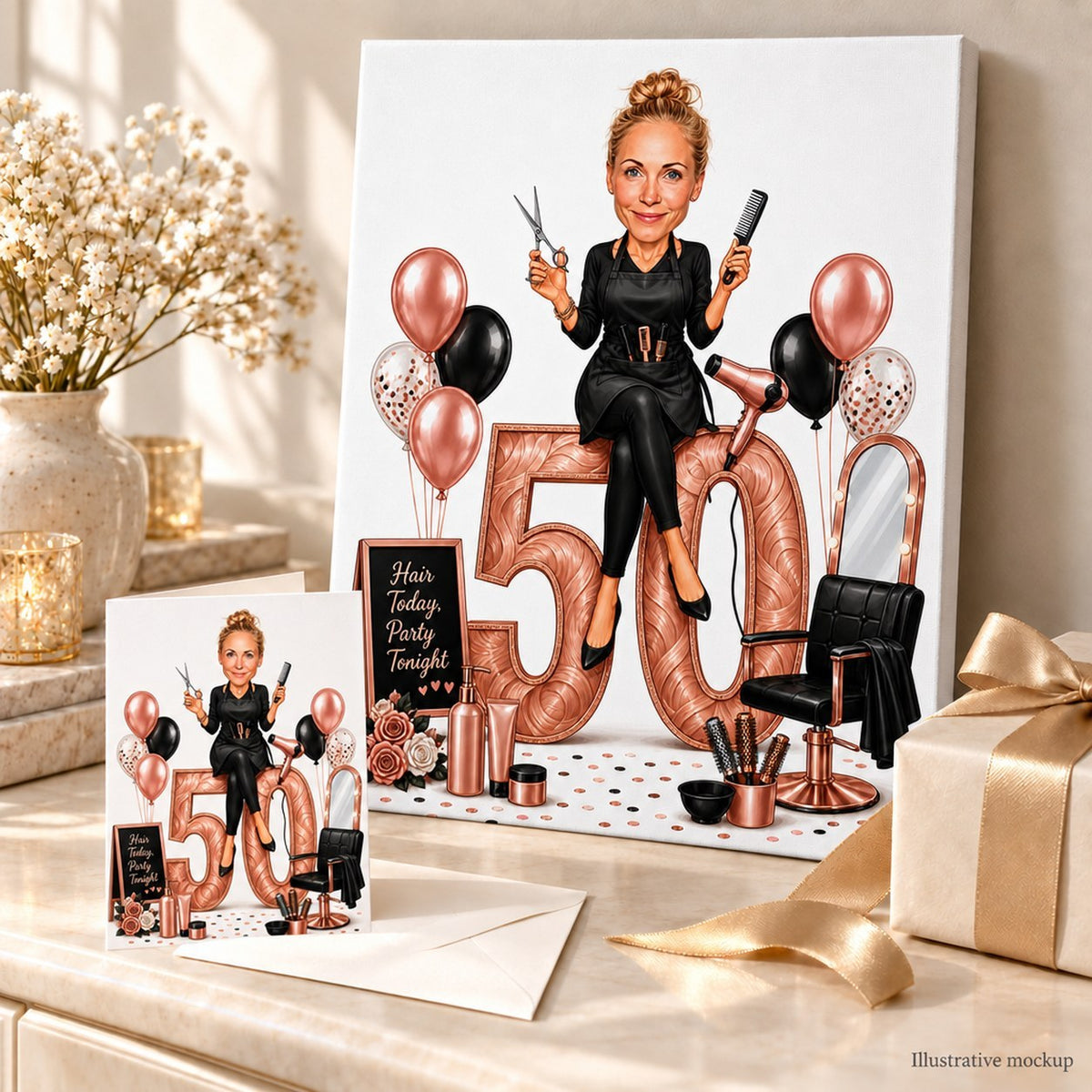 Printed canvas and 5x7 card of hairstylist caricature arranged in a celebratory gift scene.