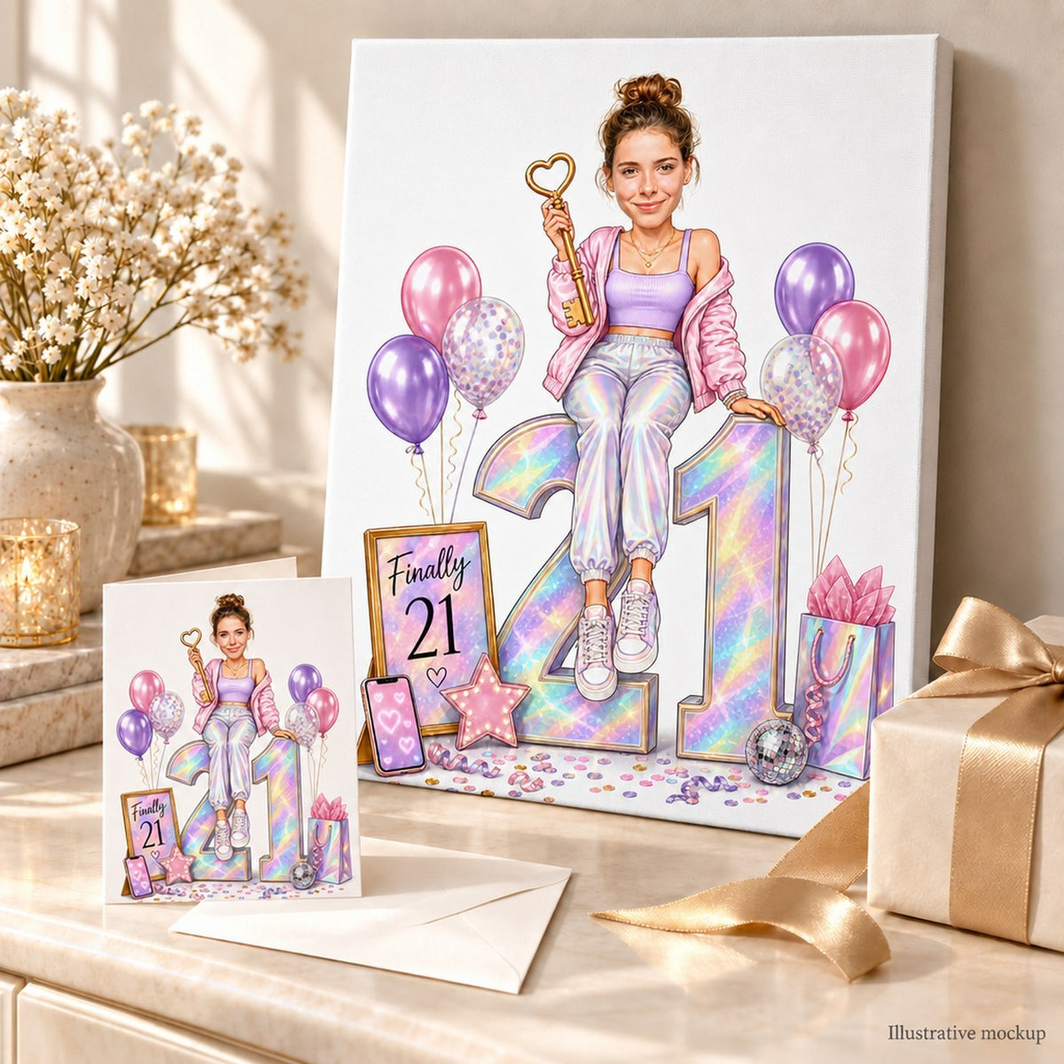 Stretched canvas and greeting card showing Finally 21 caricature with balloons and confetti.