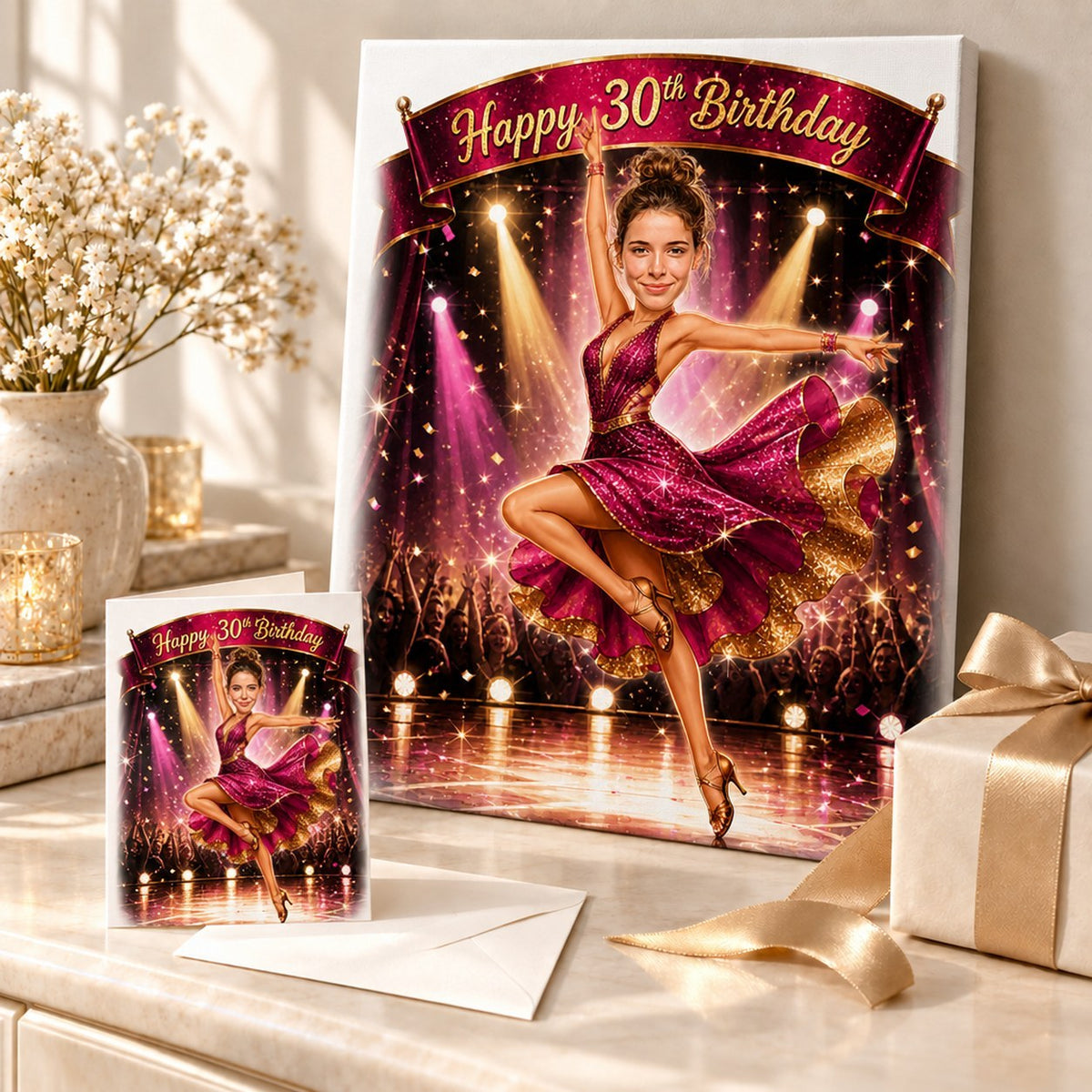 Dancer birthday cartoon printed on stretched canvas and 5x7 card in gift setup