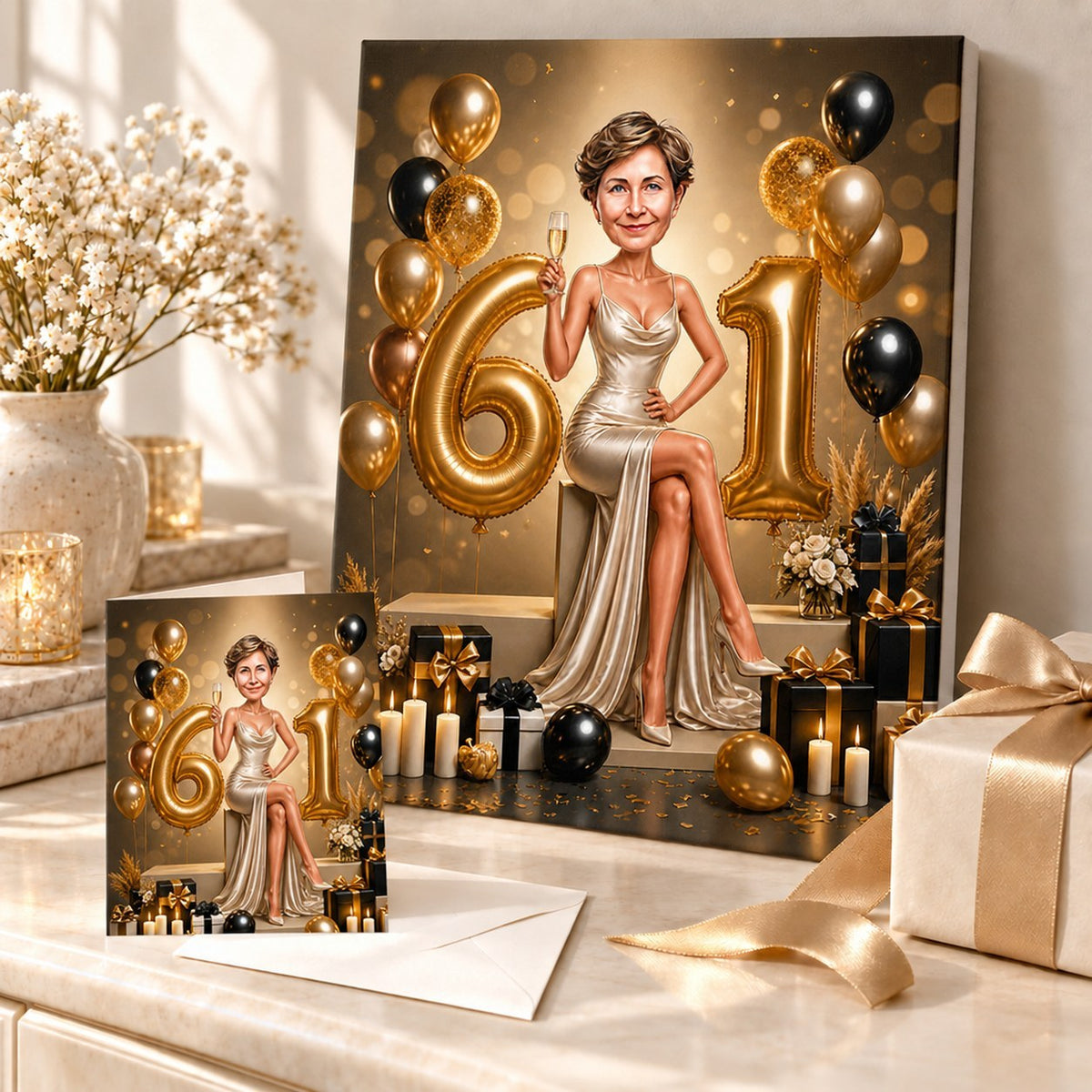 Gold birthday caricature on canvas and 5x7 card beside wrapped gifts.