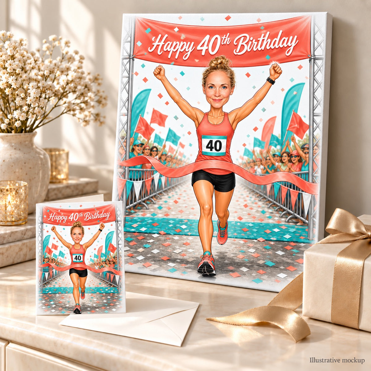 Canvas and greeting card of running caricature shown in a cheerful gift setup.