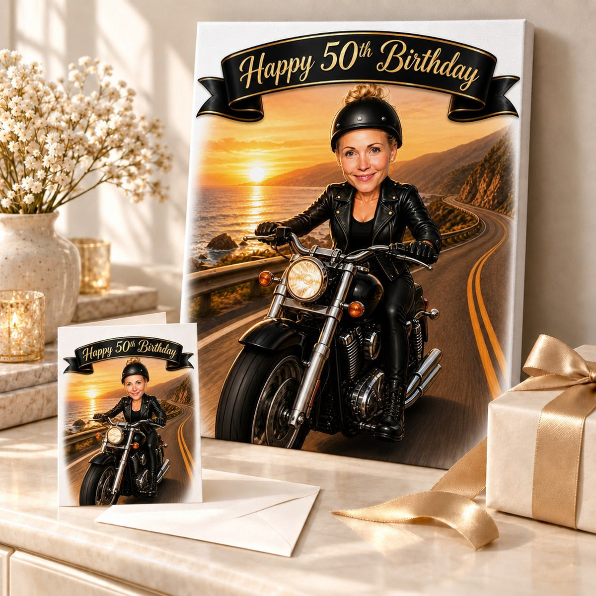 Motorcycle birthday caricature printed on canvas and card in a gift scene