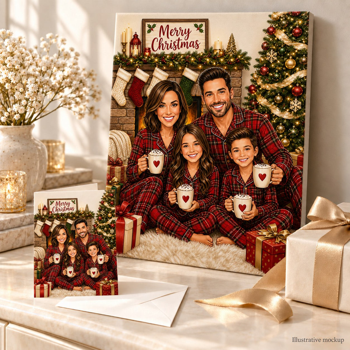 Christmas pajama family caricature on canvas and greeting card beside wrapped presents.