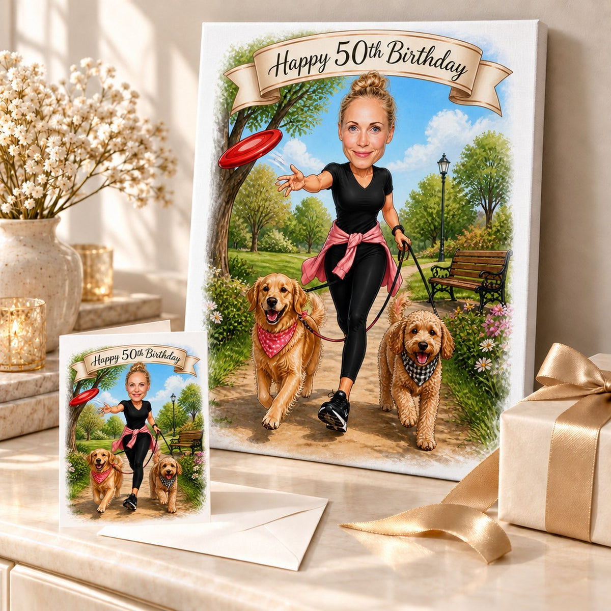 Dog lover birthday caricature printed on canvas and 5x7 card shown as a gift.