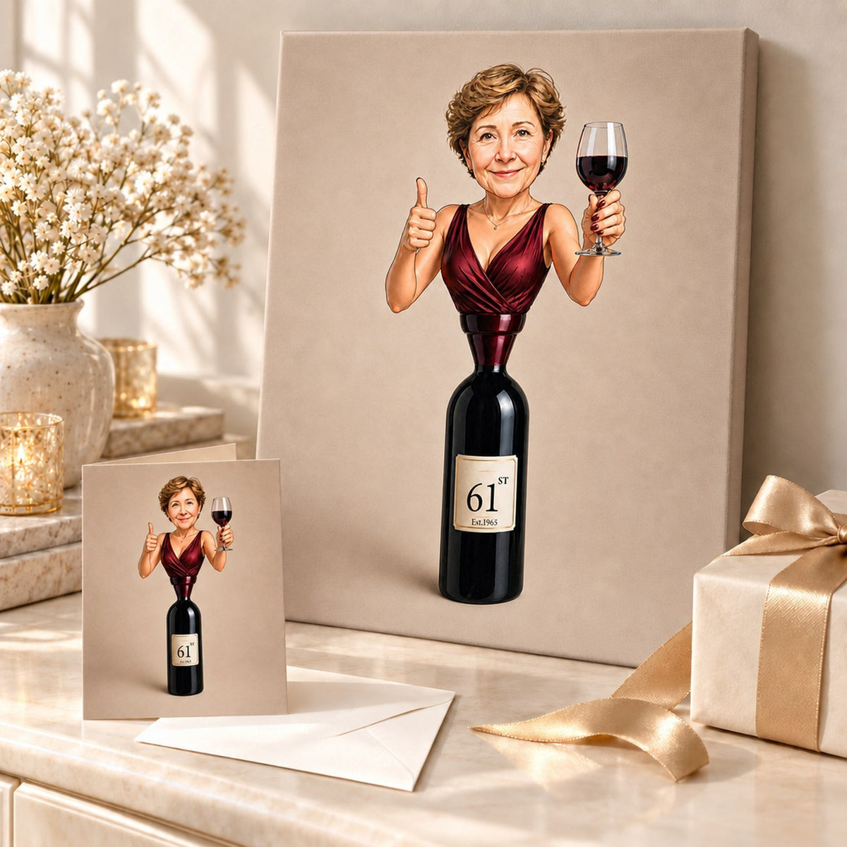Wine caricature on stretched canvas and 5x7 card arranged as birthday gift.