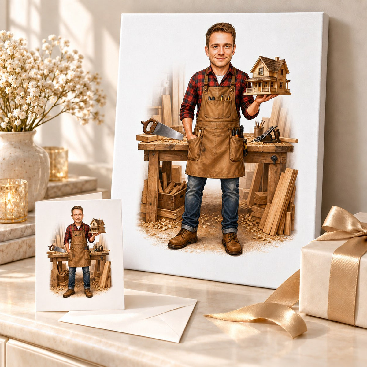 Carpenter caricature on canvas and greeting card displayed as a thoughtful gift.