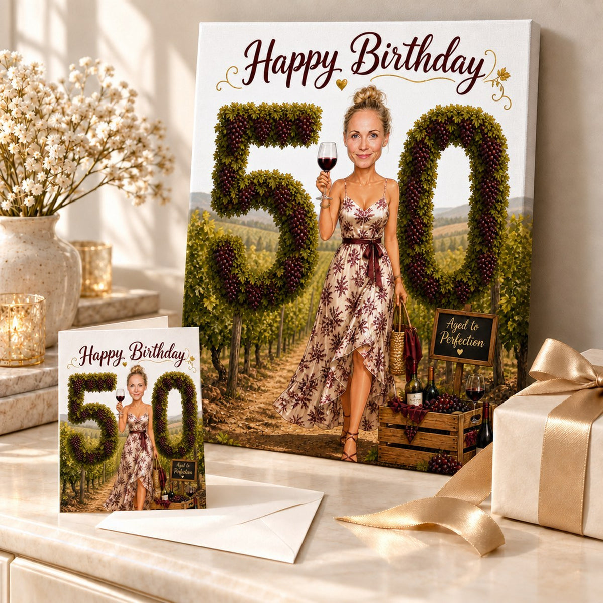 Wine birthday caricature on canvas and greeting card beside wrapped gifts and flowers.