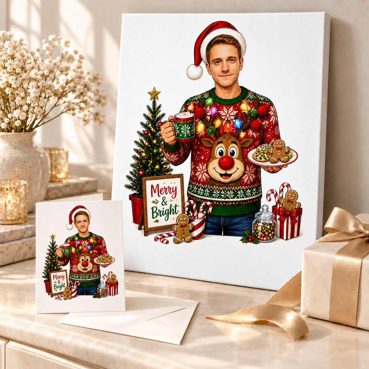 Stretched canvas and 5x7 card with design arranged in a festive gift setting.