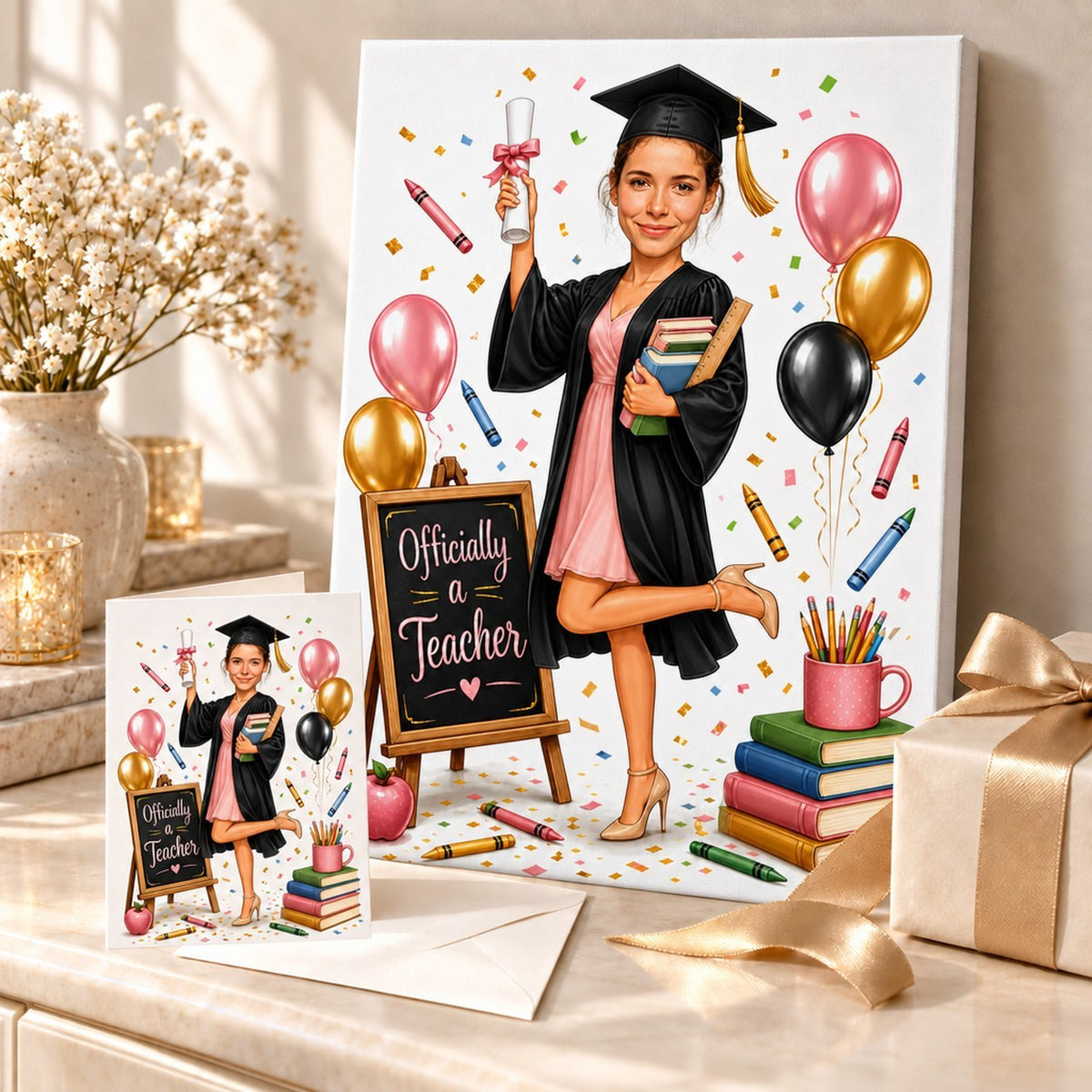 Canvas and greeting card featuring teacher graduation caricature, styled in a celebratory gift scene.