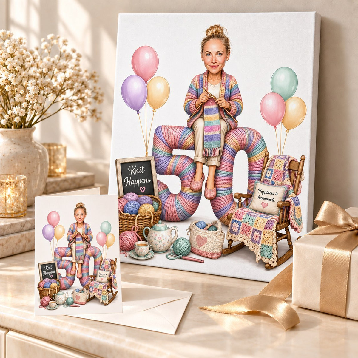 Canvas and greeting card of knitting caricature displayed with yarn basket and balloons.