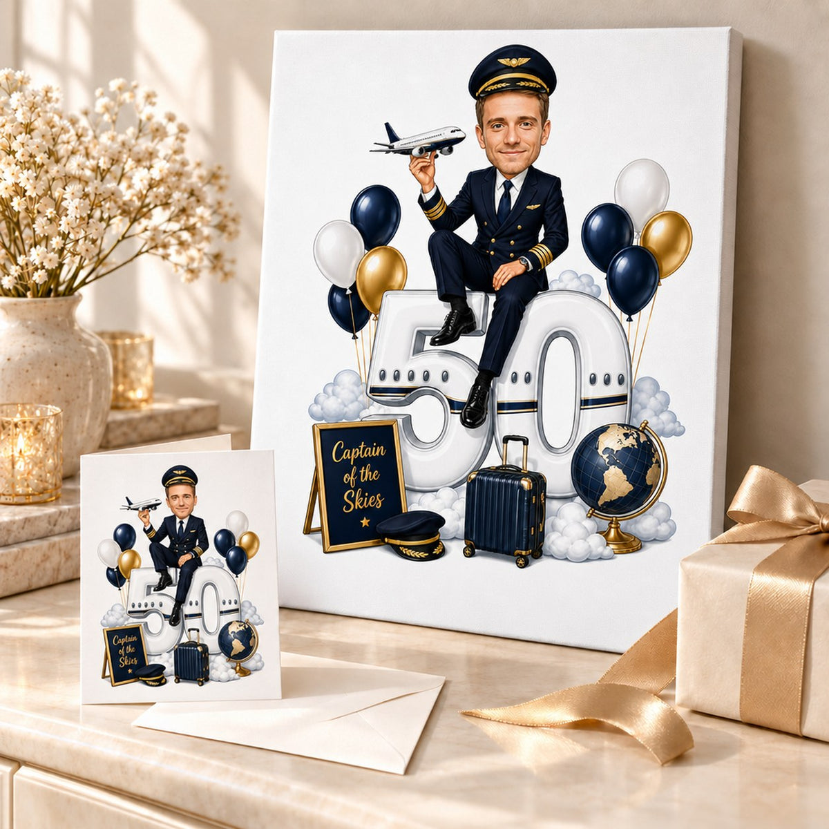 Canvas and greeting card of pilot birthday caricature displayed with suitcase and wrapped gift.