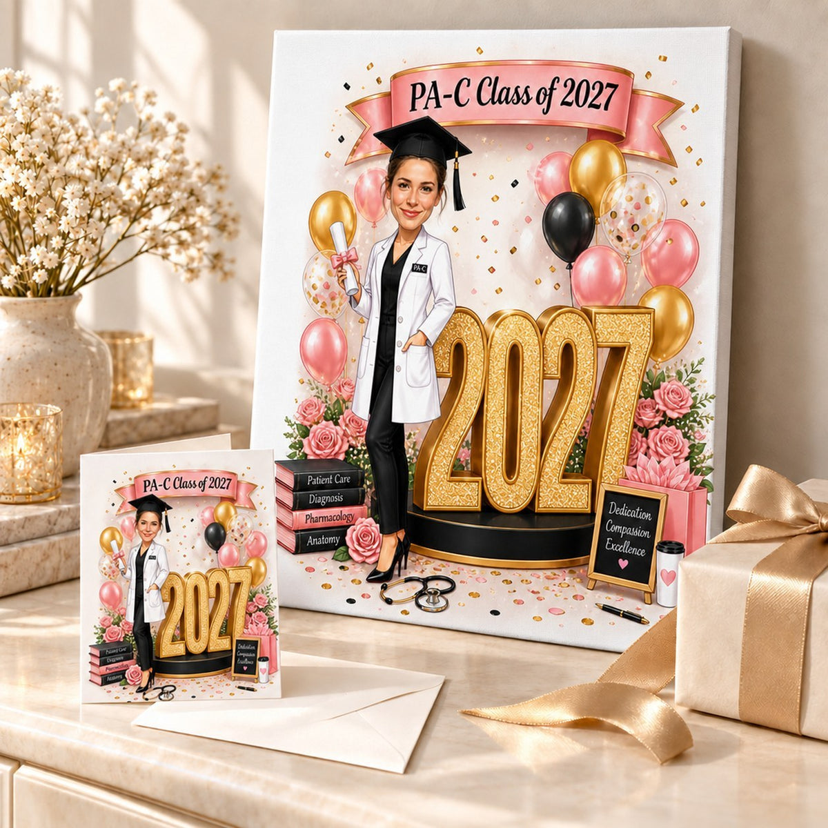 PA graduation caricature on canvas and greeting card beside gift bag and flowers.