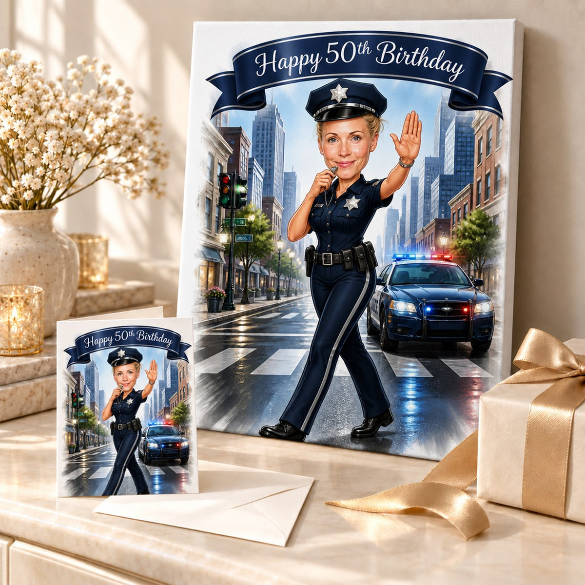 Canvas and greeting card of custom police caricature shown ready to gift on table.