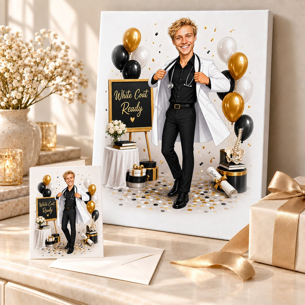 Canvas and greeting card of the doctor caricature beside gift boxes and balloons.