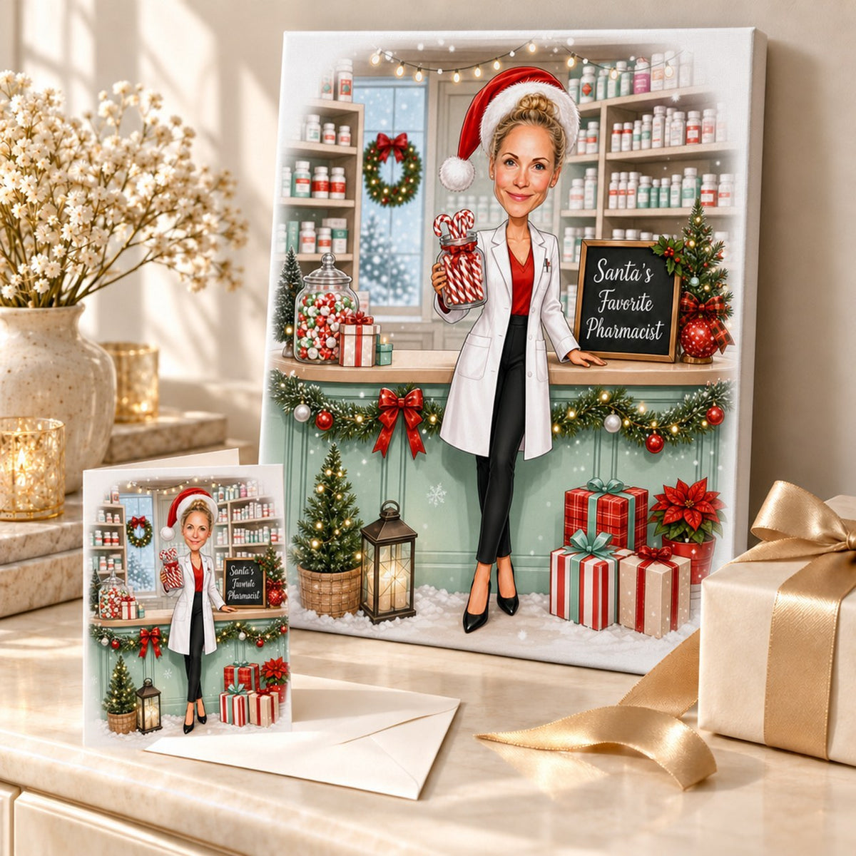 Pharmacist Christmas caricature printed on canvas and 5x7 card, arranged with festive wrapped gifts.