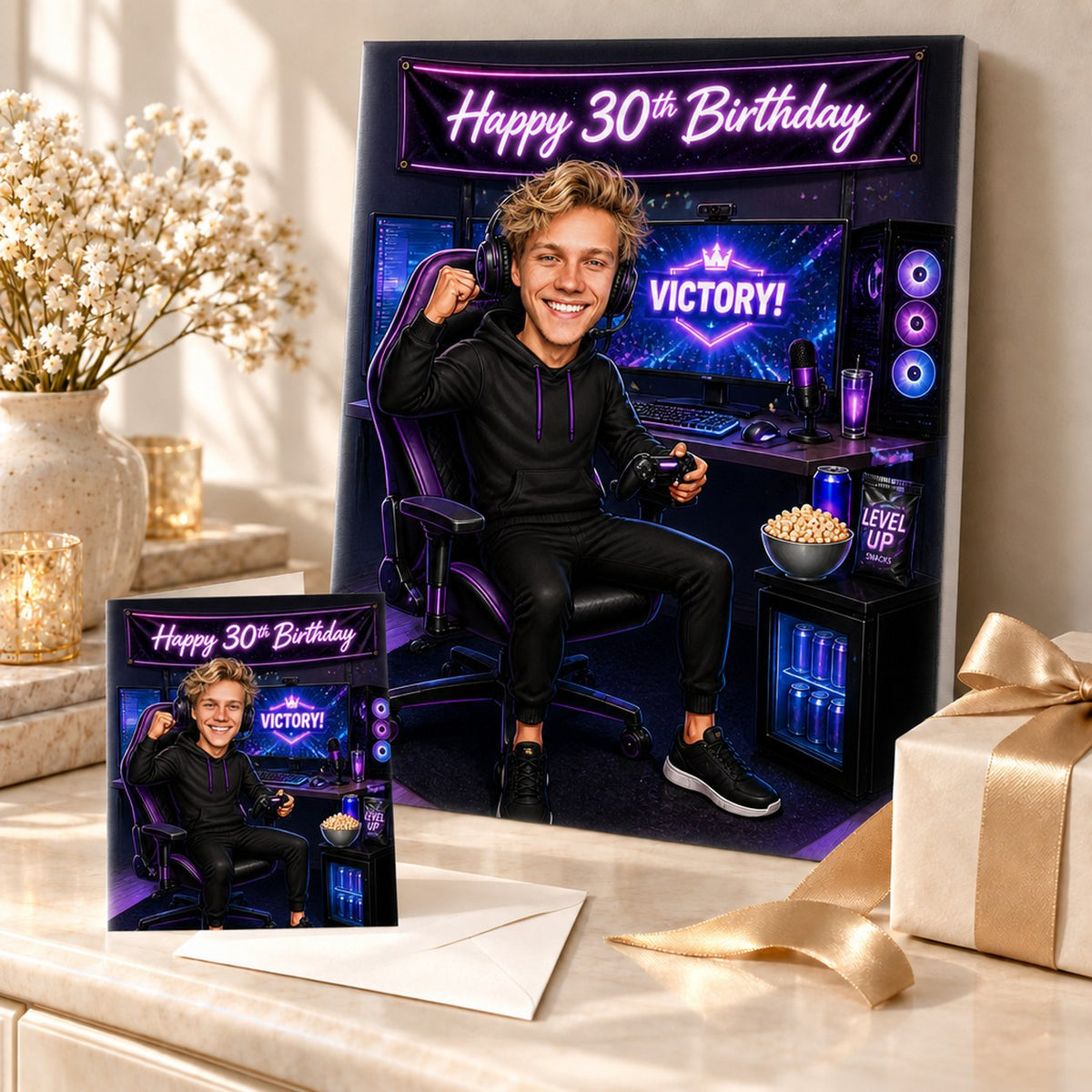 Canvas and greeting card of gamer caricature displayed in gift scene with confetti