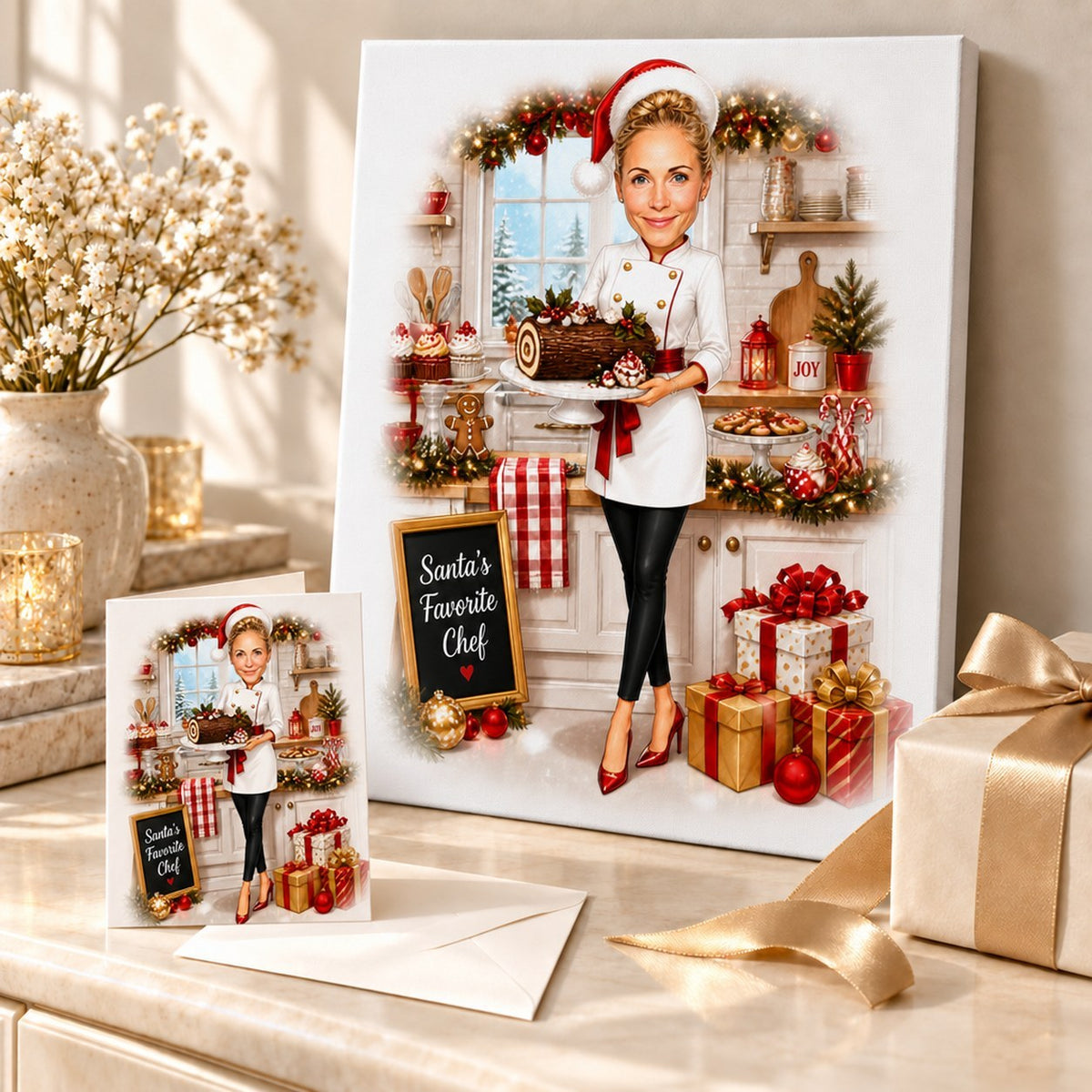 Canvas and 5x7 card of custom chef Christmas cartoon, arranged with ribbons and ornaments