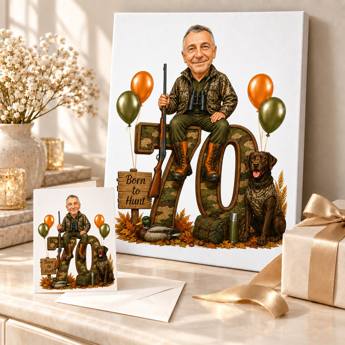 Hunting birthday caricature displayed as canvas and 5x7 greeting card in a gift scene.