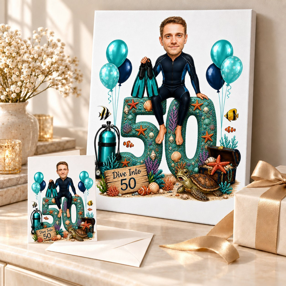 Scuba diver caricature shown on canvas and greeting card in a birthday gift scene.