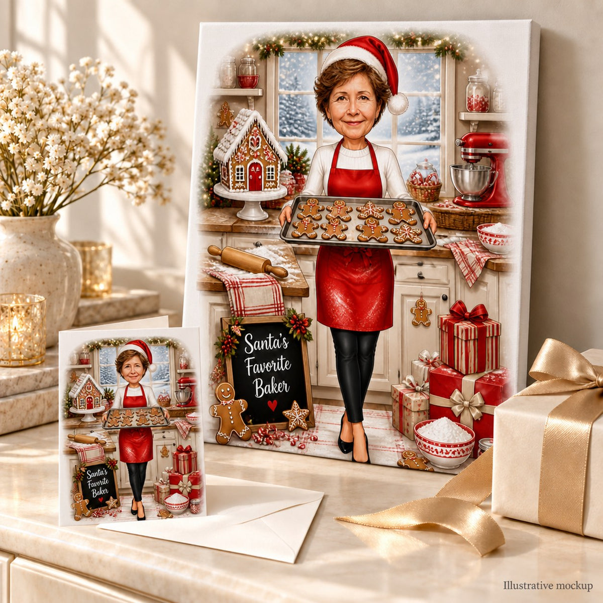 Canvas and greeting card of Christmas baker caricature posed with cookies and holiday ribbons.